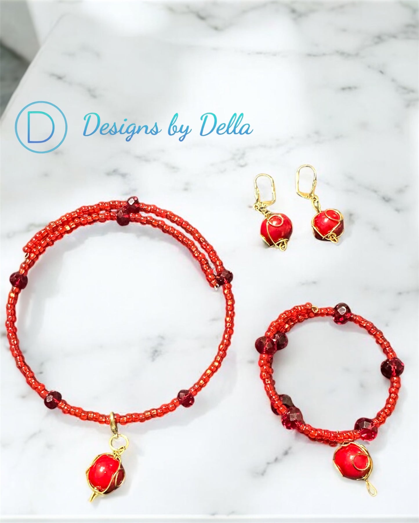 RED GLASS BEAD CHOKER SET