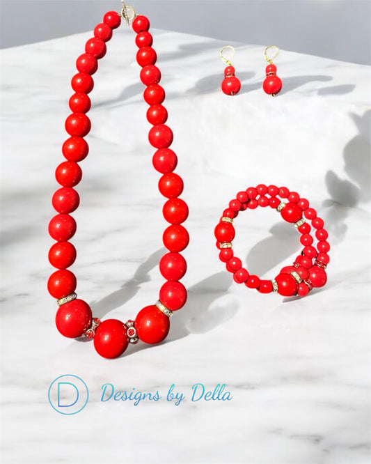 RED BEADED NECKLESS SET