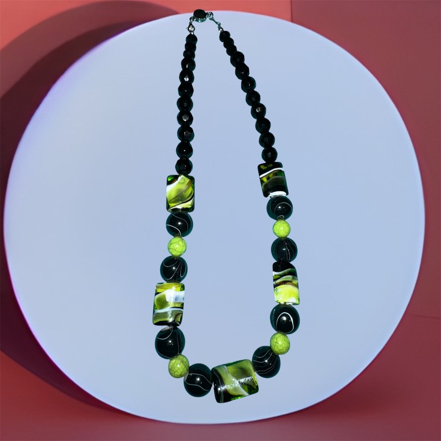 19” BLACK, WHITE AND GREEN MARBLE BEAD NECKLACE SET ￼￼