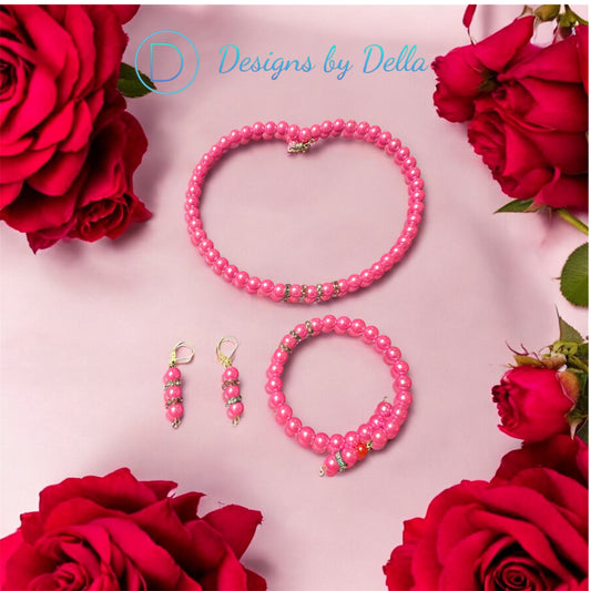 PINK GLASS PEARL NECKLESS SET